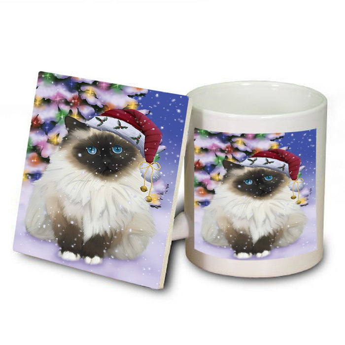 Winterland Wonderland Birman Cat In Christmas Holiday Scenic Background Mug and Coaster Set MUC55679