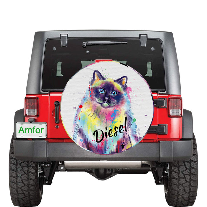 Custom Pet Name Personalized Watercolor Birman Cat Car Tire Cover