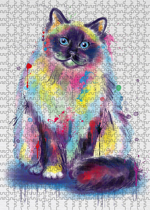 Watercolor Birman Cat Portrait Jigsaw Puzzle for Adults Animal Interlocking Puzzle Game Unique Gift for Dog Lover's with Metal Tin Box