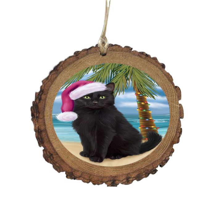 Summertime Happy Holidays Christmas Black Cat on Tropical Island Beach Wooden Christmas Ornament WOR49353