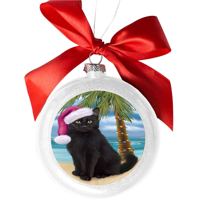 Summertime Happy Holidays Christmas Black Cat on Tropical Island Beach White Round Ball Christmas Ornament WBSOR49353