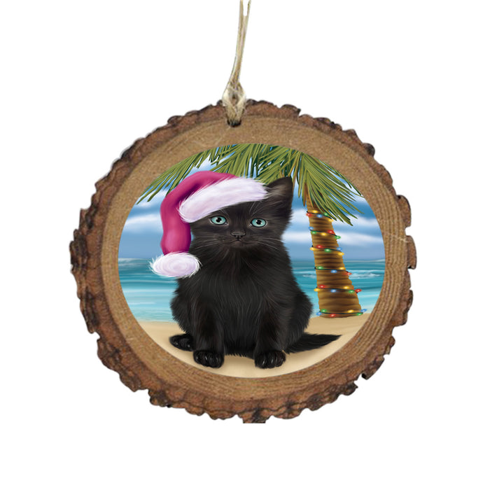 Summertime Happy Holidays Christmas Black Cat on Tropical Island Beach Wooden Christmas Ornament WOR49354