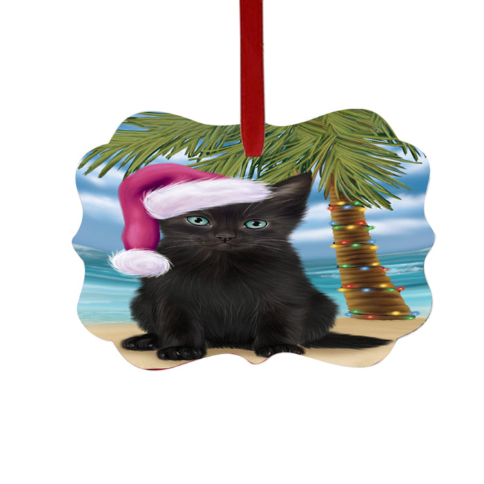 Summertime Happy Holidays Christmas Black Cat on Tropical Island Beach Double-Sided Photo Benelux Christmas Ornament LOR49354