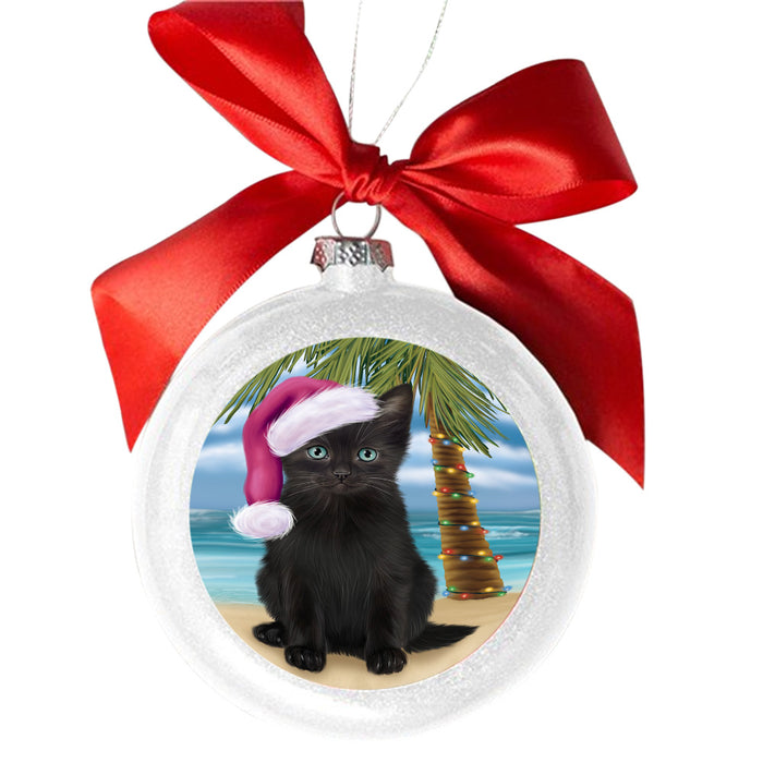 Summertime Happy Holidays Christmas Black Cat on Tropical Island Beach White Round Ball Christmas Ornament WBSOR49354