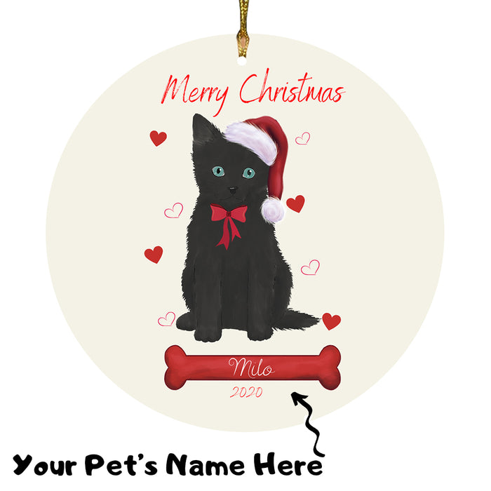 Personalized Merry Christmas  Black Cat Christmas Tree Round Flat Ornament RBPOR58920