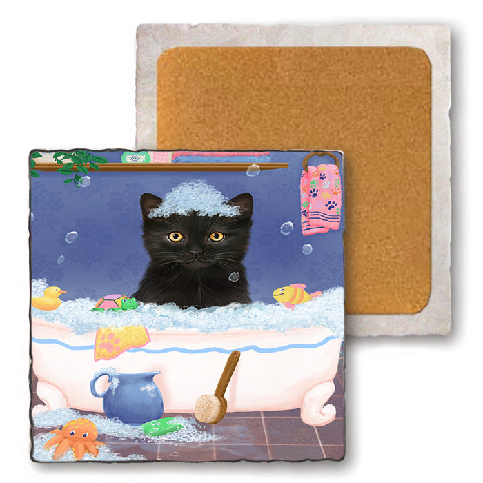 Rub A Dub Dog In A Tub Black Cat Set of 4 Natural Stone Marble Tile Coasters MCST52311