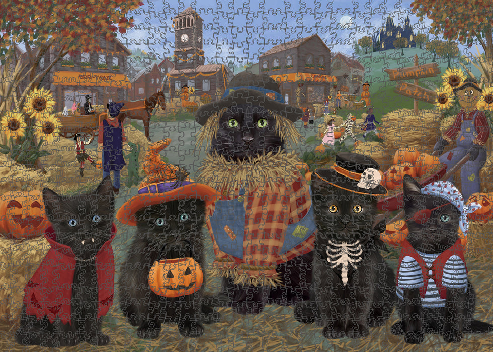 Halloween 'Round Town And Fall Pumpkin Scarecrow Both Black Cats Puzzle with Photo Tin PUZL96208