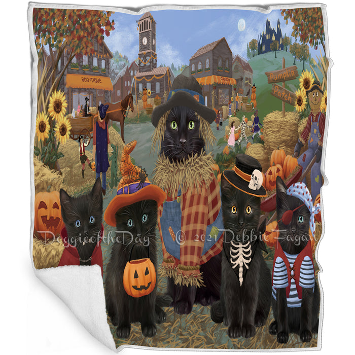 Halloween 'Round Town And Fall Pumpkin Scarecrow Both Black Cats Blanket BLNKT138737