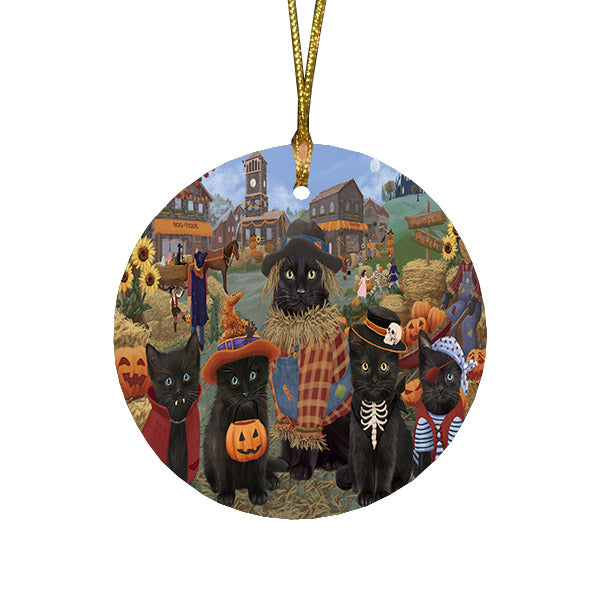 Halloween 'Round Town And Fall Pumpkin Scarecrow Both Black Cats Round Flat Christmas Ornament RFPOR57379