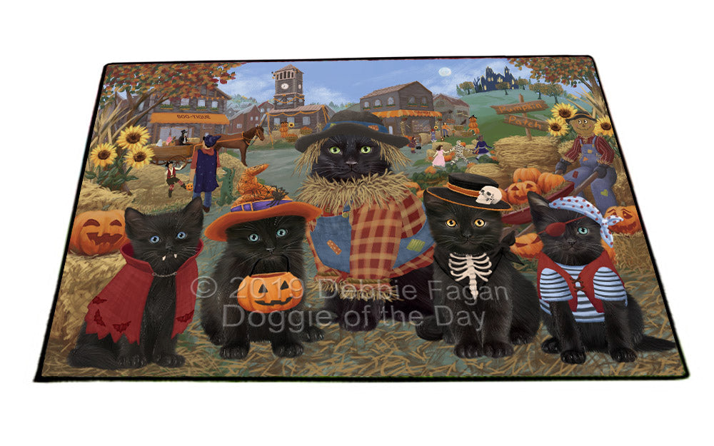 Halloween 'Round Town And Fall Pumpkin Scarecrow Both Black Cats Floormat FLMS53870