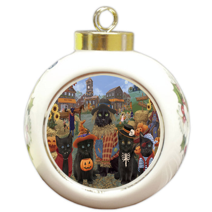 Halloween 'Round Town And Fall Pumpkin Scarecrow Both Black Cats Round Ball Christmas Ornament RBPOR57379