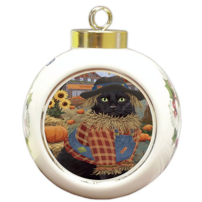 Halloween 'Round Town And Fall Pumpkin Scarecrow Both Black Cats Round Ball Christmas Ornament RBPOR57440