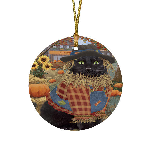 Halloween 'Round Town And Fall Pumpkin Scarecrow Both Black Cats Round Flat Christmas Ornament RFPOR57440