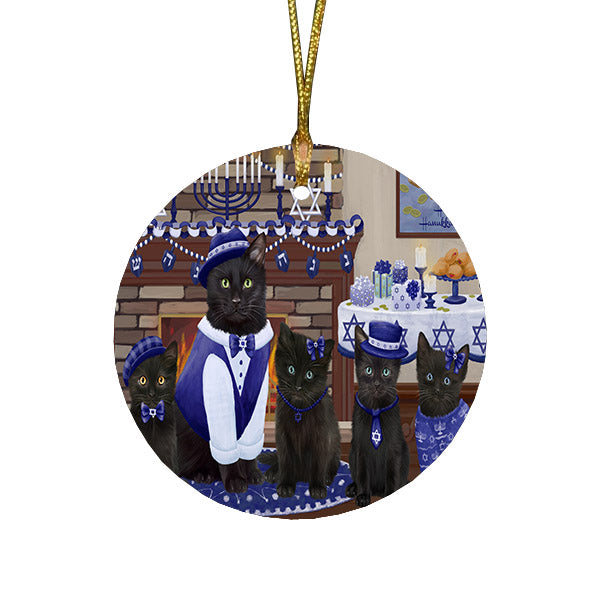 Happy Hanukkah Family and Happy Hanukkah Both Black Cats Round Flat Christmas Ornament RFPOR57501