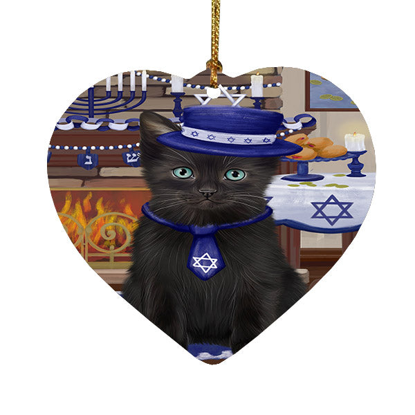 Happy Hanukkah Black Cat Heart Christmas Ornament HPOR57653