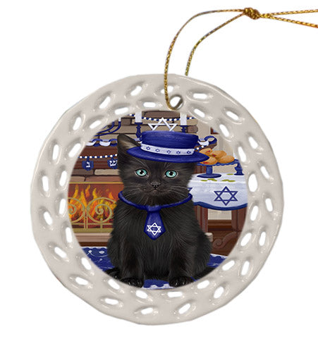 Happy Hanukkah Black Cat Ceramic Doily Ornament DPOR57653
