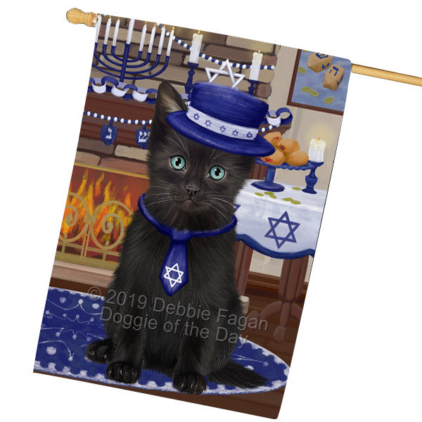 Happy Hanukkah Family and Happy Hanukkah Both Black Cat House Flag FLG65753