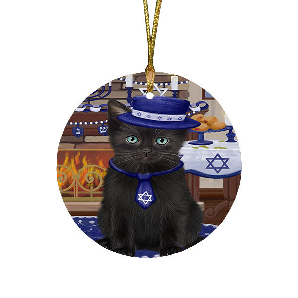 Happy Hanukkah Family and Happy Hanukkah Both Black Cat Round Flat Christmas Ornament RFPOR57557
