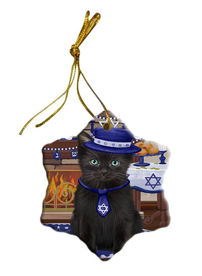 Happy Hanukkah Black Cat Star Porcelain Ornament SPOR57653