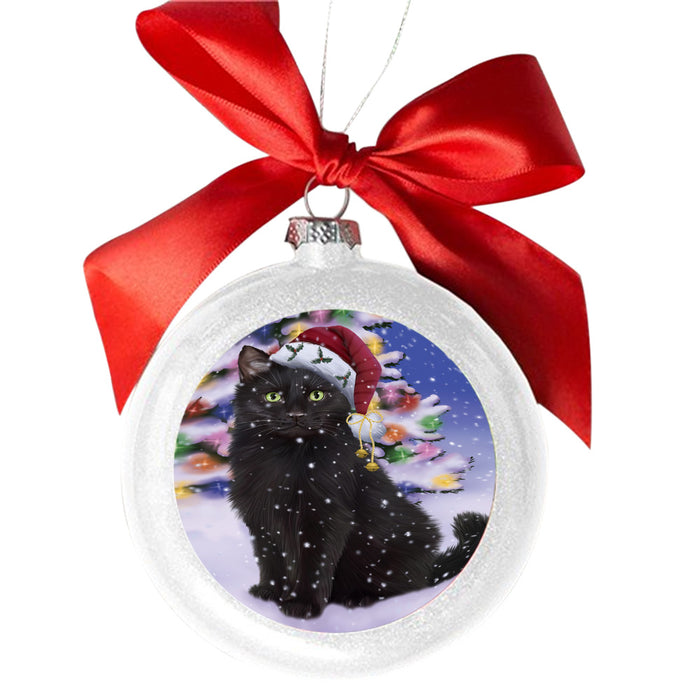 Winterland Wonderland Black Cat In Christmas Holiday Scenic Background White Round Ball Christmas Ornament WBSOR49524