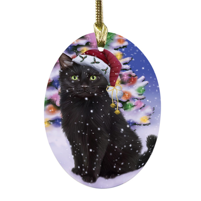 Winterland Wonderland Black Cat In Christmas Holiday Scenic Background Oval Glass Christmas Ornament OGOR49524
