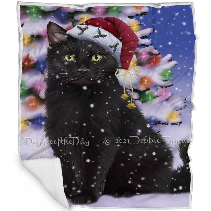 Winterland Wonderland Black Cat In Christmas Holiday Scenic Background Blanket BLNKT100983
