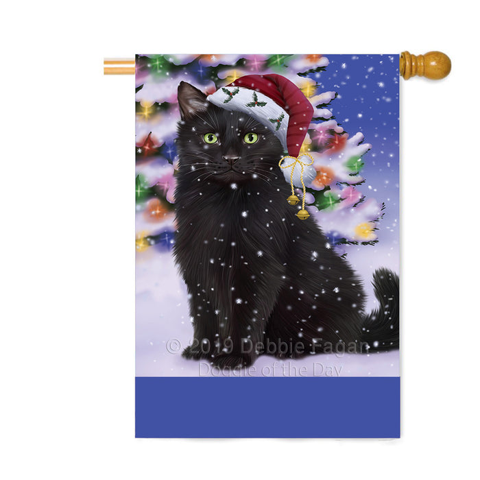 Personalized Winterland Wonderland Black Cat In Christmas Holiday Scenic Background Custom House Flag FLG-DOTD-A61300