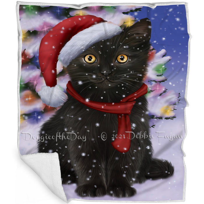 Winterland Wonderland Black Cat In Christmas Holiday Scenic Background Blanket BLNKT100992