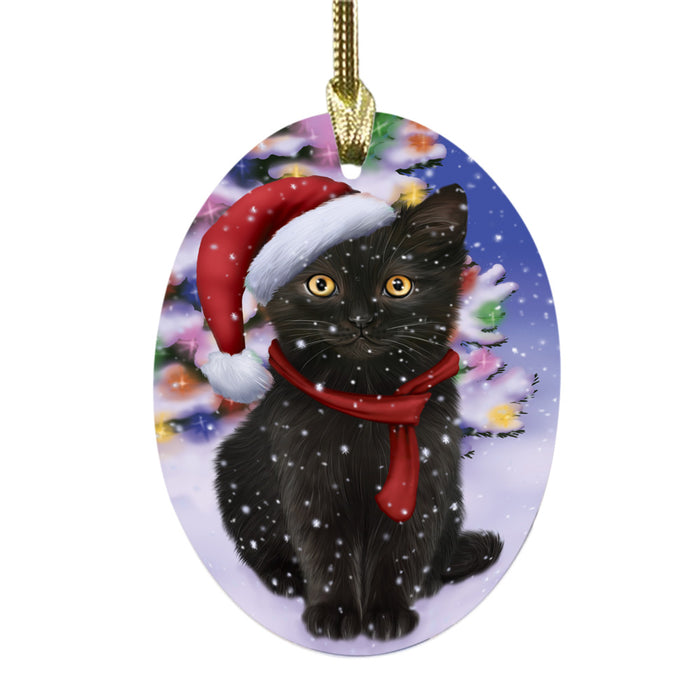 Winterland Wonderland Black Cat In Christmas Holiday Scenic Background Oval Glass Christmas Ornament OGOR49525