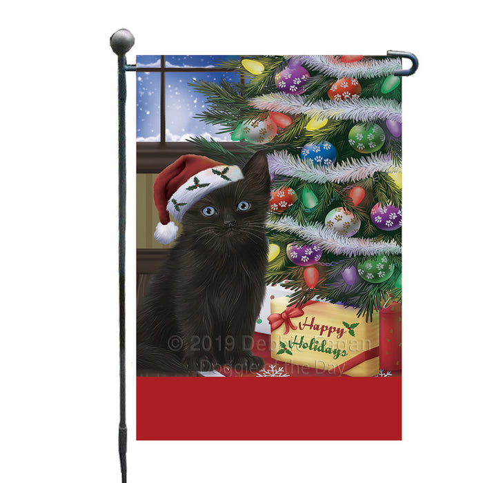 Personalized Christmas Happy Holidays Black Cat with Tree and Presents Custom Garden Flags GFLG-DOTD-A58599
