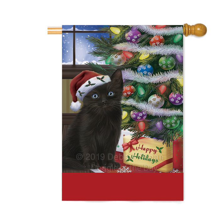 Personalized Christmas Happy Holidays Black Cat with Tree and Presents Custom House Flag FLG-DOTD-A58655