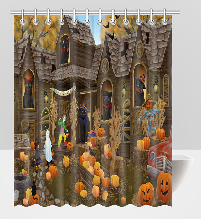 Haunted House Halloween Trick or Treat Black Cats Shower Curtain
