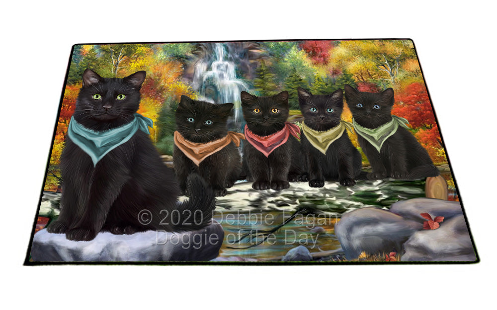 Scenic Waterfall Black Cats Floormat FLMS55957