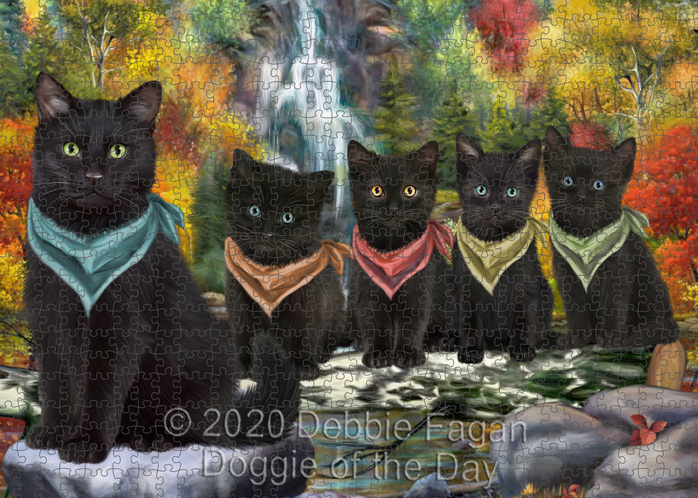 Scenic Waterfall Black Cats Portrait Jigsaw Puzzle for Adults Animal Interlocking Puzzle Game Unique Gift for Dog Lover's with Metal Tin Box