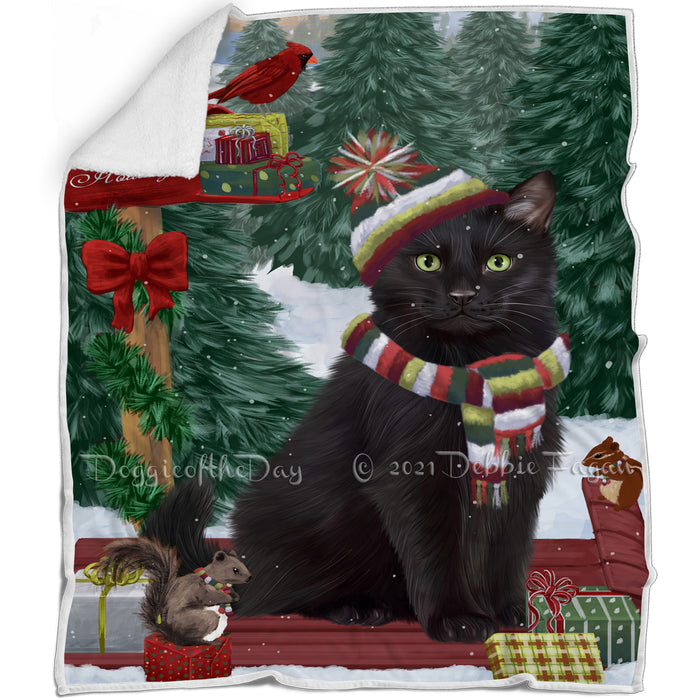Merry Christmas Woodland Sled Black Cat Blanket BLNKT142710