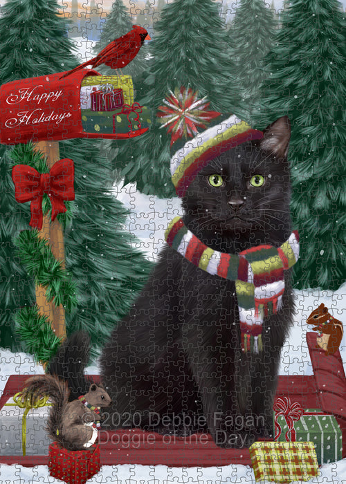 Christmas Woodland Sled Black Cat Portrait Jigsaw Puzzle for Adults Animal Interlocking Puzzle Game Unique Gift for Dog Lover's with Metal Tin Box PZL882