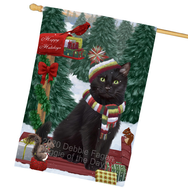 Christmas Woodland Sled Black Cat House Flag Outdoor Decorative Double Sided Pet Portrait Weather Resistant Premium Quality Animal Printed Home Decorative Flags 100% Polyester FLG69559