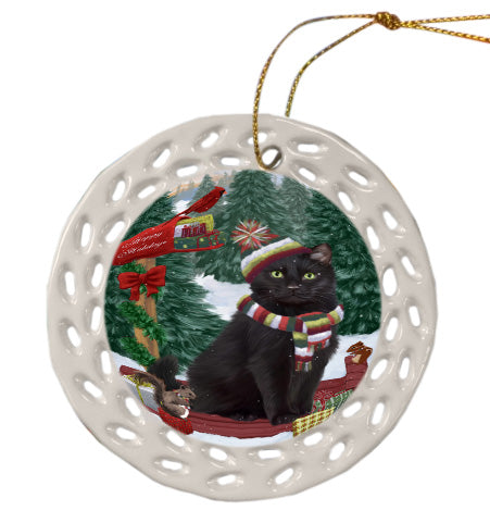 Christmas Woodland Sled Black Cat Doily Ornament DPOR59057
