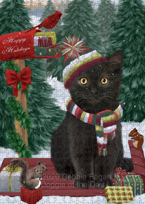 Christmas Woodland Sled Black Cat Portrait Jigsaw Puzzle for Adults Animal Interlocking Puzzle Game Unique Gift for Dog Lover's with Metal Tin Box PZL883