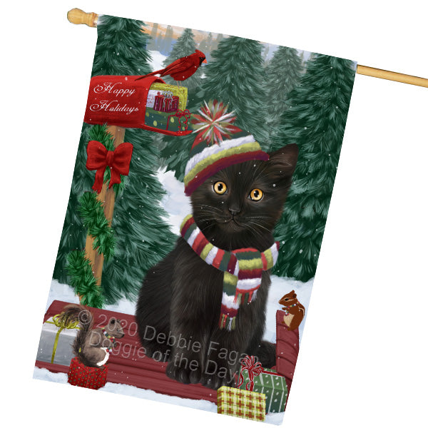 Christmas Woodland Sled Black Cat House Flag Outdoor Decorative Double Sided Pet Portrait Weather Resistant Premium Quality Animal Printed Home Decorative Flags 100% Polyester FLG69560
