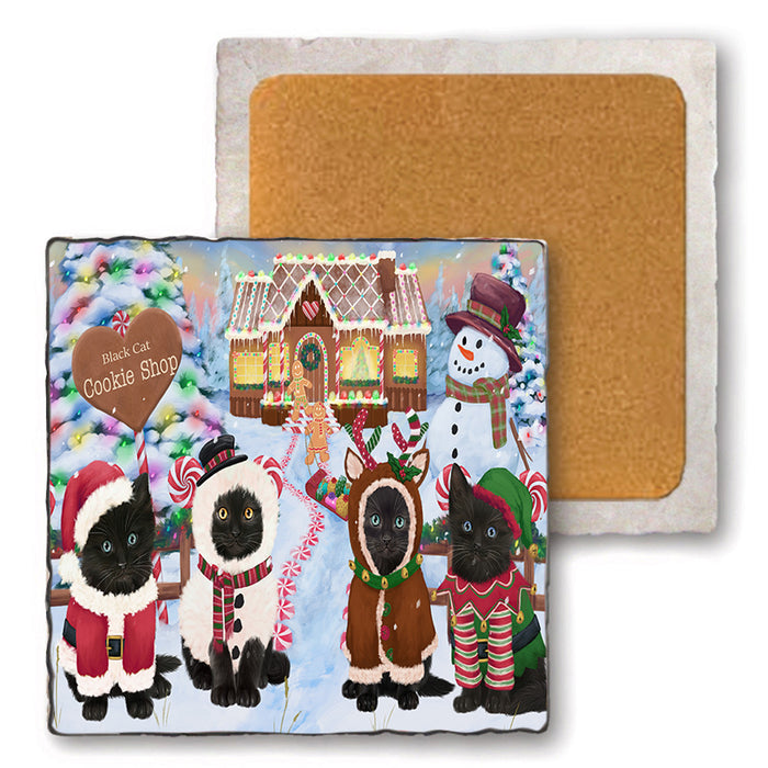 Holiday Gingerbread Cookie Shop Black Cats Set of 4 Natural Stone Marble Tile Coasters MCST51109