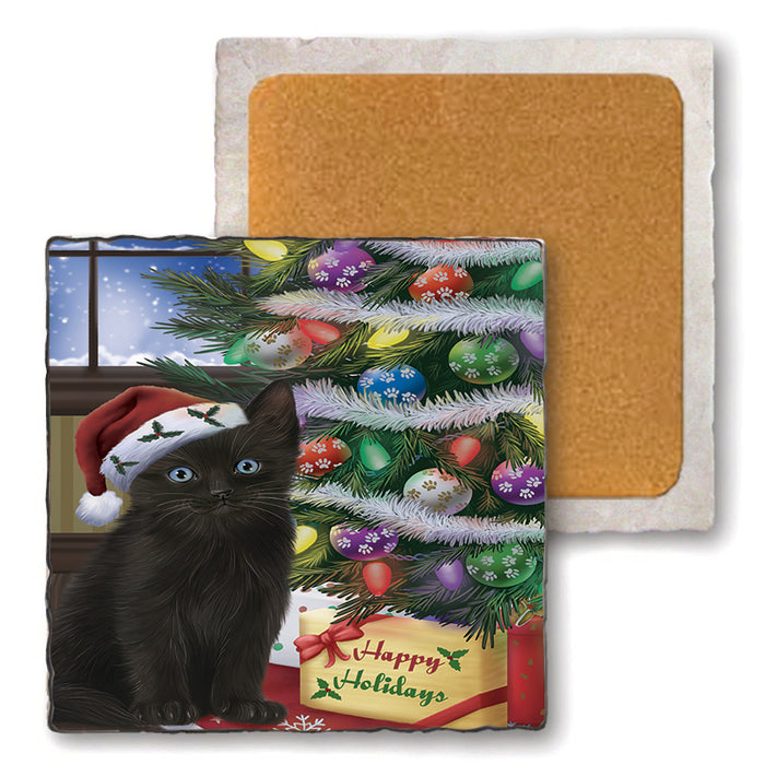 Christmas Happy Holidays Black Cat with Tree and Presents Set of 4 Natural Stone Marble Tile Coasters MCST48444