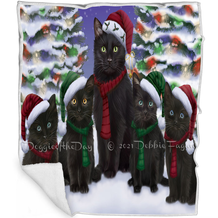 Black Cats Christmas Family Portrait in Holiday Scenic Background  Blanket BLNKT90660