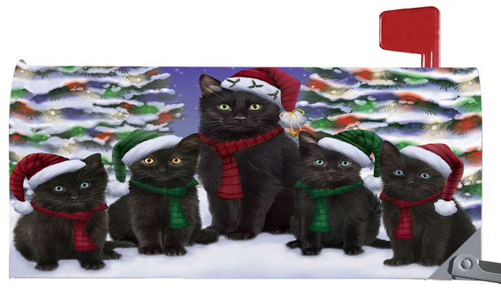 Magnetic Mailbox Cover Black Cats Christmas Family Portrait in Holiday Scenic Background MBC48202