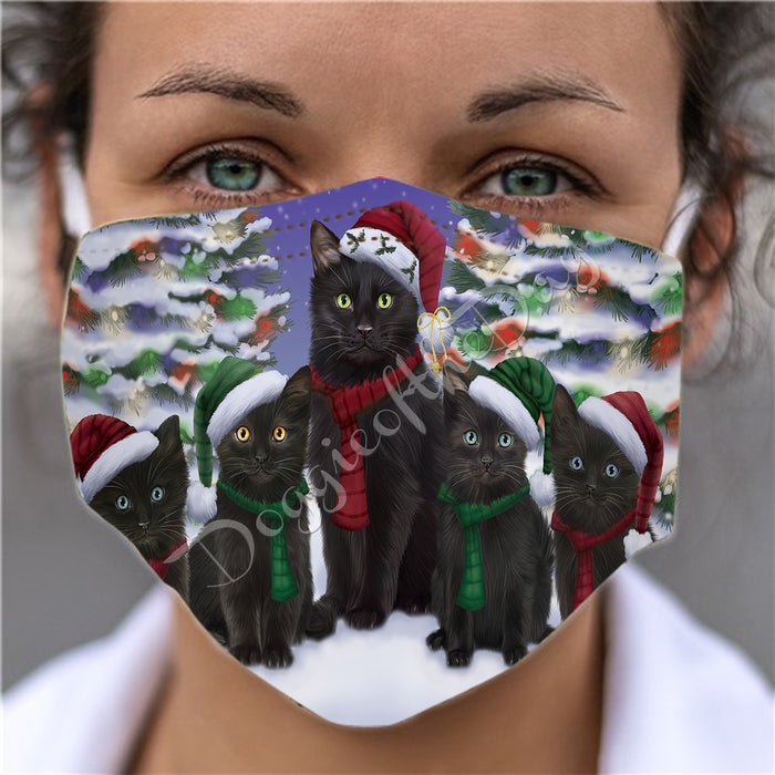 Black Cats Christmas Family Portrait in Holiday Scenic Background Face Mask FM48321