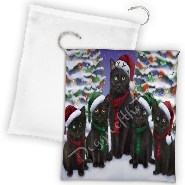 Black Cats Christmas Family Portrait in Holiday Scenic Background Drawstring Laundry or Gift Bag LGB48119
