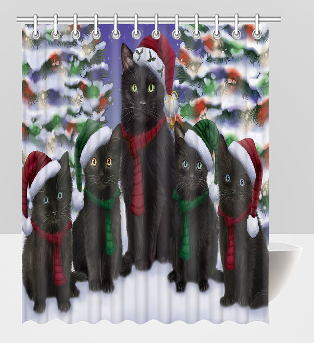 Black Cats Christmas Family Portrait in Holiday Scenic Background Shower Curtain