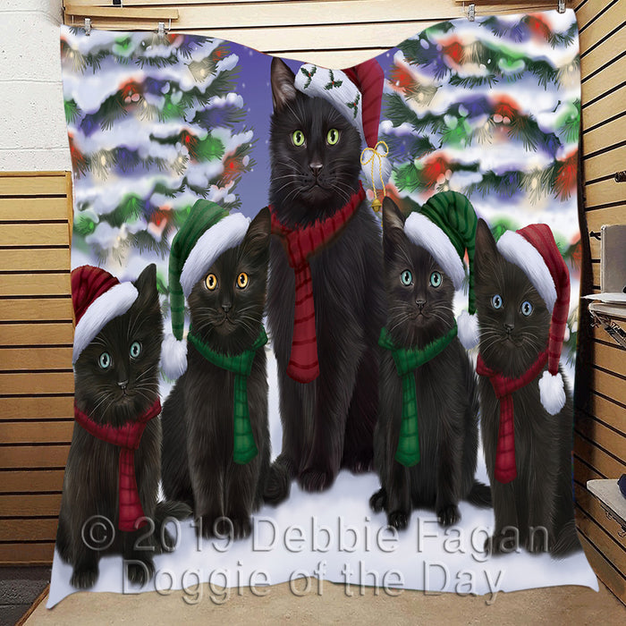 Black Cats Christmas Family Portrait in Holiday Scenic Background Quilt
