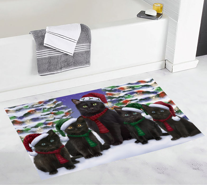 Black Cats Christmas Family Portrait in Holiday Scenic Background Bath Mat