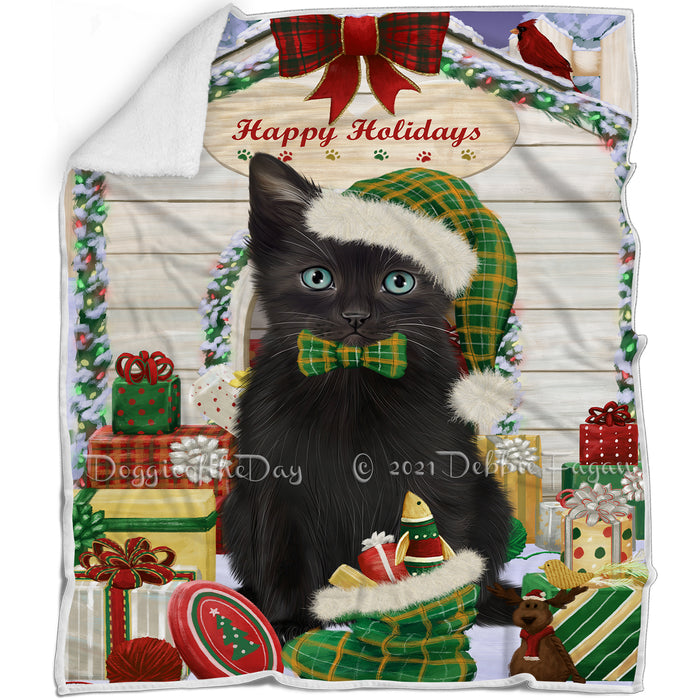 Happy Holidays Christmas Black Cat House with Presents Blanket BLNKT142052